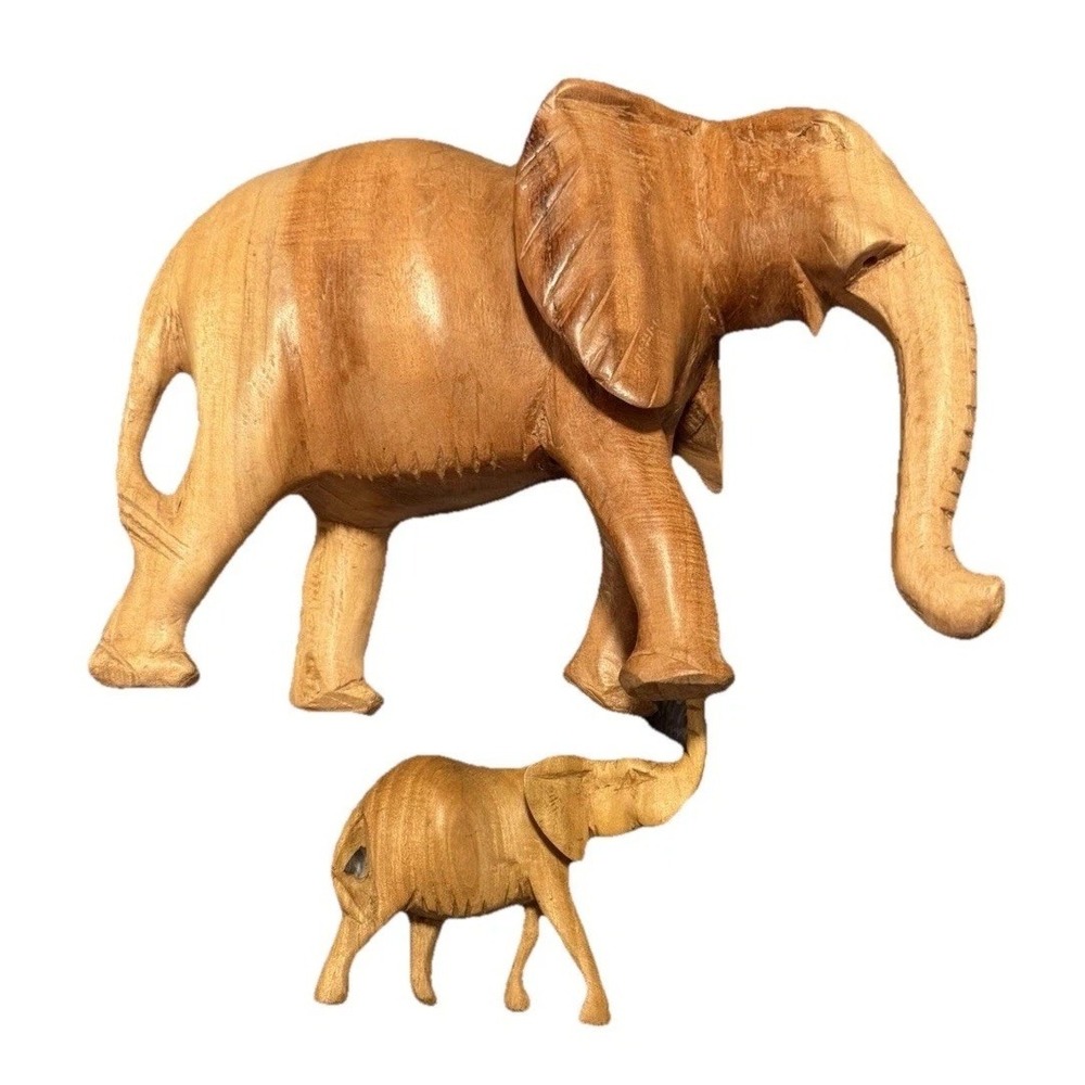 Vintage Hand Carved Solid Wooden Elephant Figurine MCM Boho Decor 8" & 4" Set
